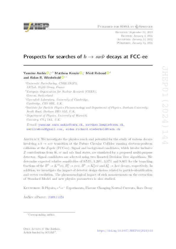 Prospects for searches of b → sν ν ¯ decays at FCC-ee Thumbnail