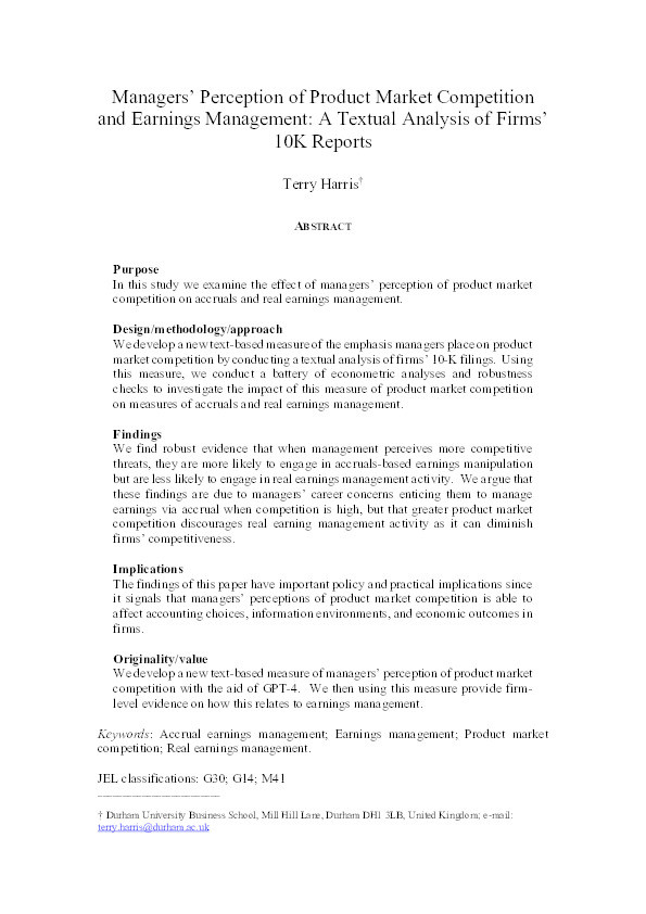 Managers’ perception of product market competition and earnings management: a textual analysis of firms’ 10-K reports Thumbnail