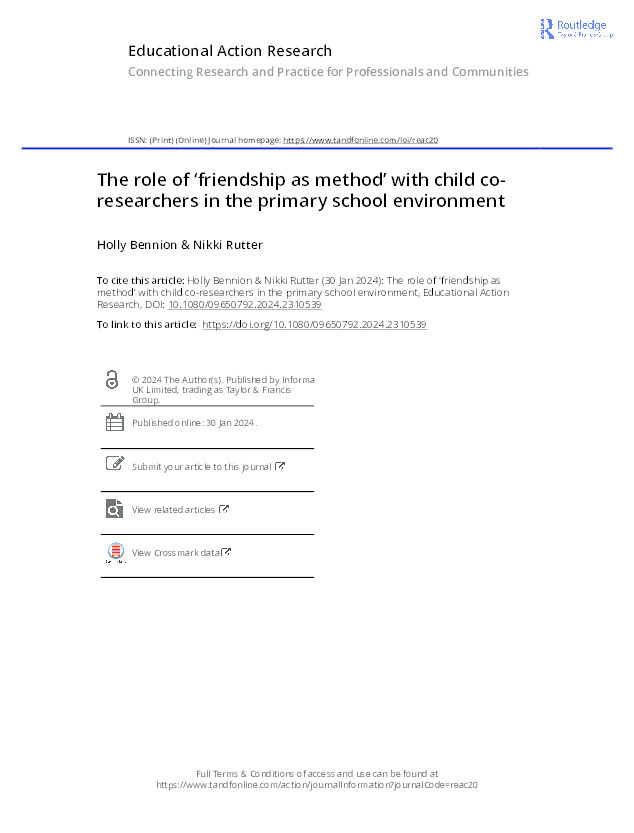 The role of ‘friendship as method’ with child co-researchers in the primary school environment Thumbnail