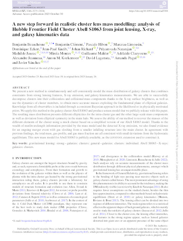 A new step forward in realistic cluster lens mass modelling: analysis of Hubble Frontier Field Cluster Abell S1063 from joint lensing, X-ray, and galaxy kinematics data Thumbnail