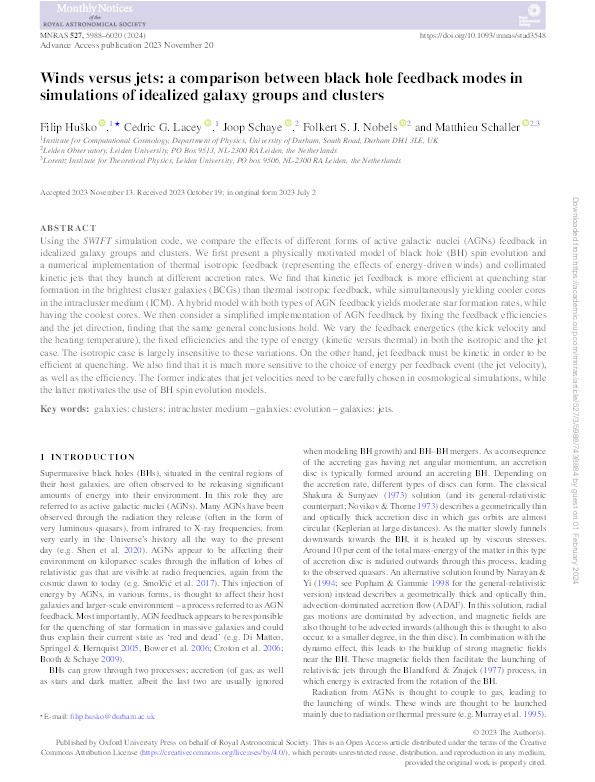 Winds versus jets: a comparison between black hole feedback modes in simulations of idealized galaxy groups and clusters Thumbnail