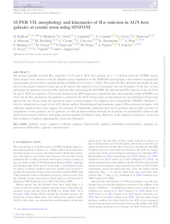 SUPER VII. morphology and kinematics of H α emission in AGN host galaxies at cosmic noon using SINFONI Thumbnail