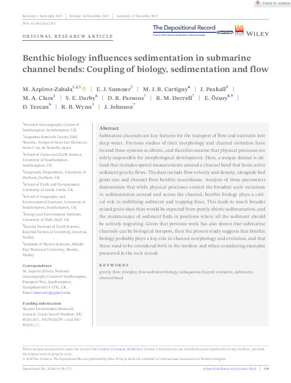 Benthic biology influences sedimentation in submarine channel bends: Coupling of biology, sedimentation and flow Thumbnail