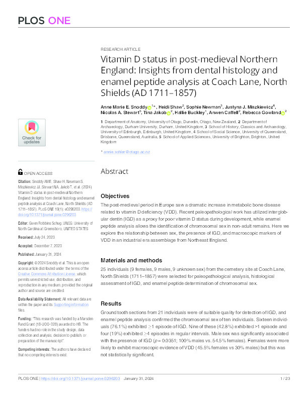 Vitamin D status in post-medieval Northern England: Insights from dental histology and enamel peptide analysis at Coach Lane, North Shields (AD 1711–1857) Thumbnail