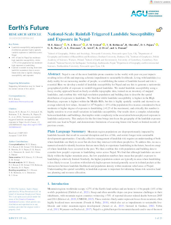 National‐Scale Rainfall‐Triggered Landslide Susceptibility and Exposure in Nepal Thumbnail