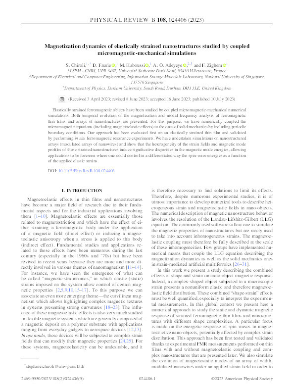 Magnetization dynamics of elastically strained nanostructures studied by coupled micromagnetic-mechanical simulations Thumbnail