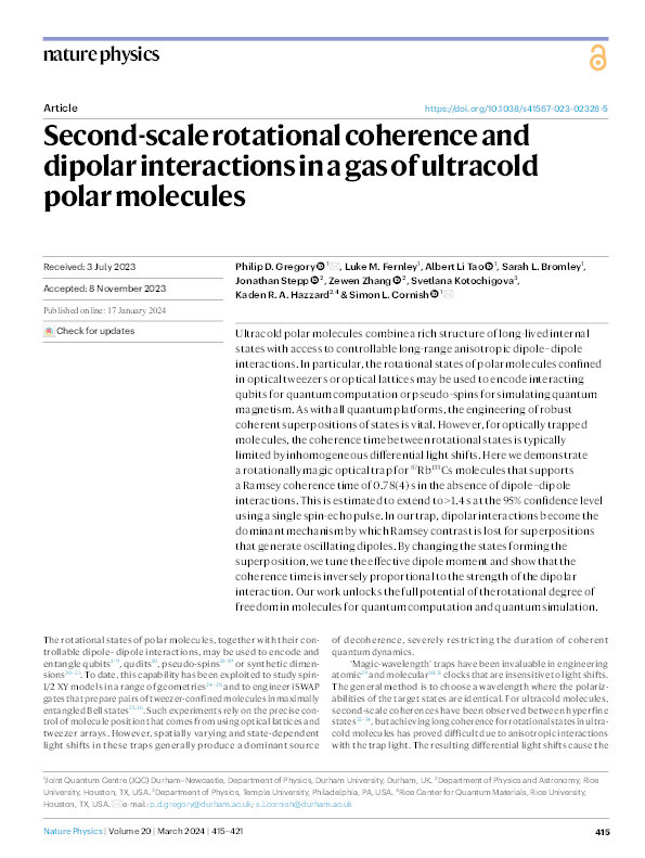 Second-scale rotational coherence and dipolar interactions in a gas of ultracold polar molecules Thumbnail