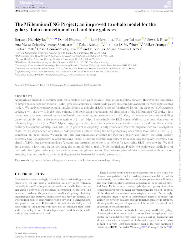 The MillenniumTNG Project: an improved two-halo model for the galaxy–halo connection of red and blue galaxies Thumbnail