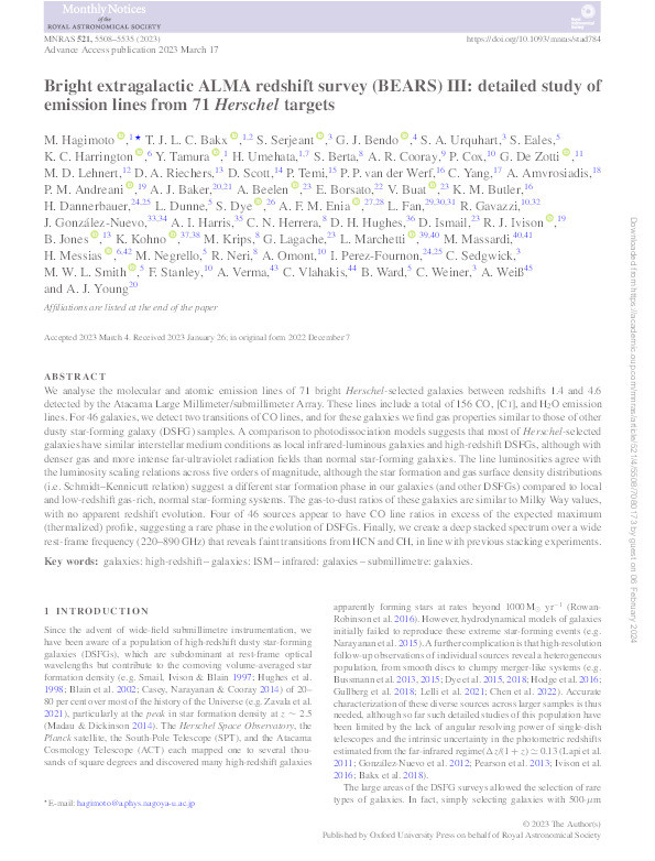 Bright extragalactic ALMA redshift survey (BEARS) III: detailed study of emission lines from 71 Herschel targets Thumbnail