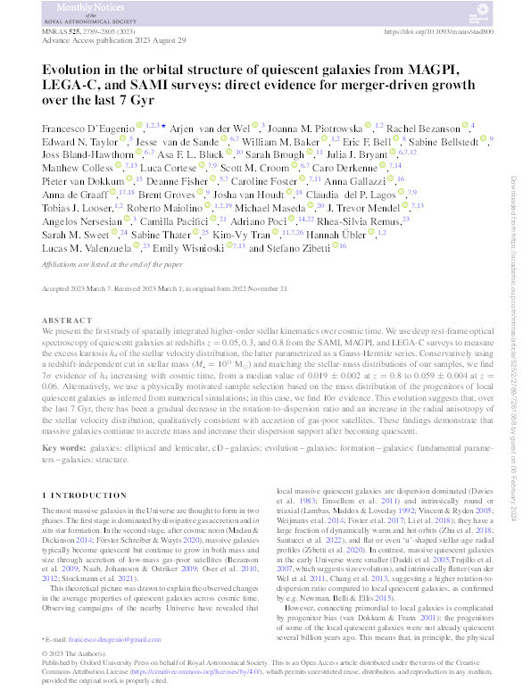 Evolution in the orbital structure of quiescent galaxies from MAGPI, LEGA-C, and SAMI surveys: direct evidence for merger-driven growth over the last 7 Gyr Thumbnail