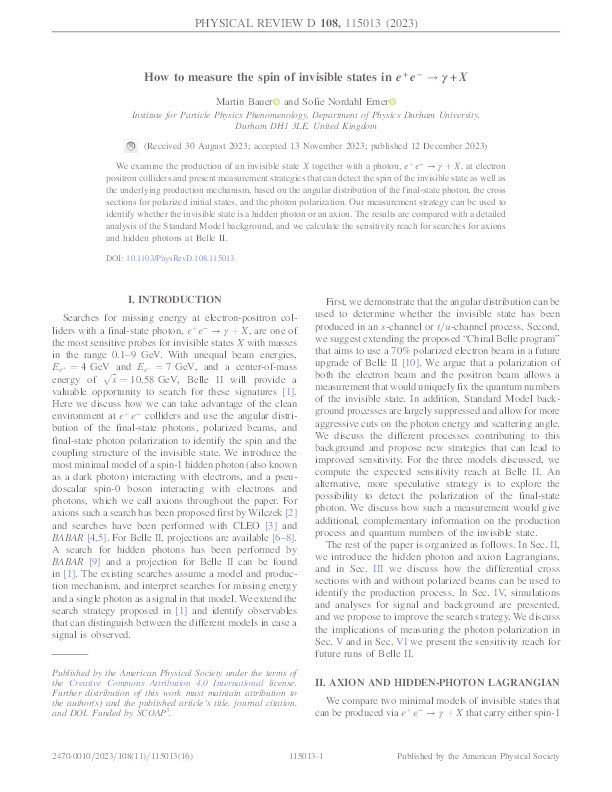 How to measure the spin of invisible states in e + e − → γ + X Thumbnail