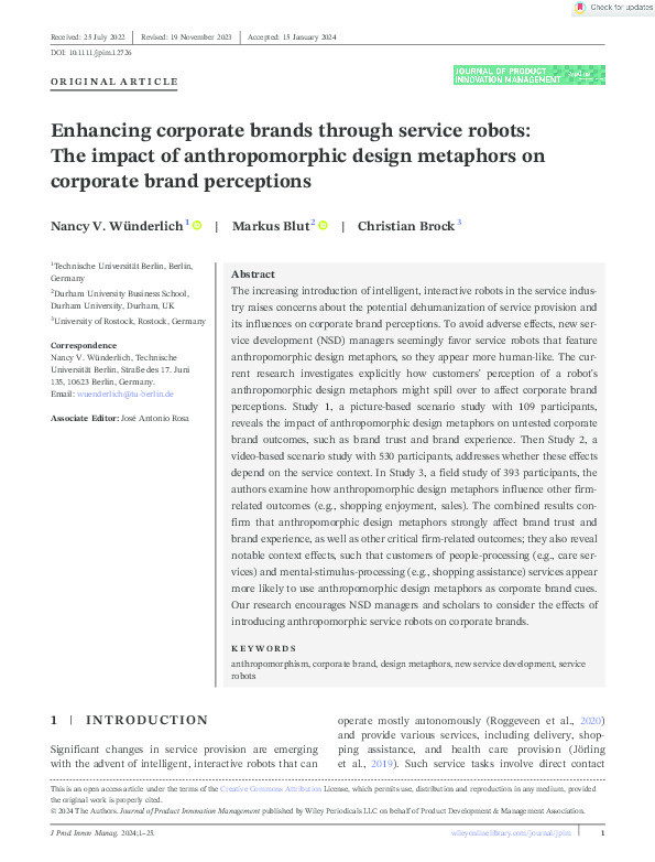 Enhancing corporate brands through service robots: The impact of anthropomorphic design metaphors on corporate brand perceptions Thumbnail