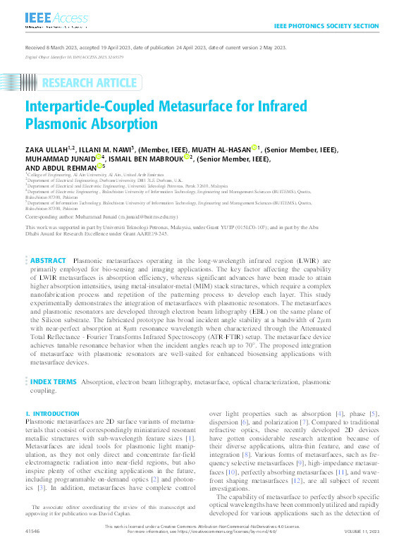 Interparticle-Coupled Metasurface for Infrared Plasmonic Absorption Thumbnail