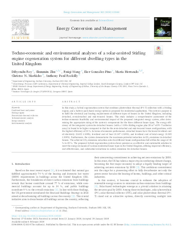 Techno-economic and environmental analyses of a solar-assisted Stirling engine cogeneration system for different dwelling types in the United Kingdom Thumbnail