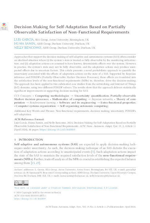 Decision Making for Self-adaptation based on Partially Observable Satisfaction of Non-Functional Requirements Thumbnail