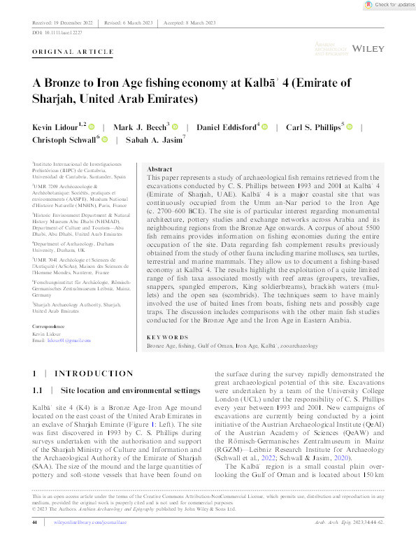 A Bronze to Iron Age fishing economy at Kalbāʾ 4 (Emirate of Sharjah, United Arab Emirates) Thumbnail