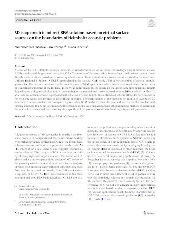 3D isogeometric indirect BEM solution based on virtual surface sources on the boundaries of Helmholtz acoustic problems Thumbnail