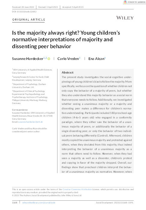 Is the majority always right? Young children's normative interpretations of majority and dissenting peer behavior Thumbnail