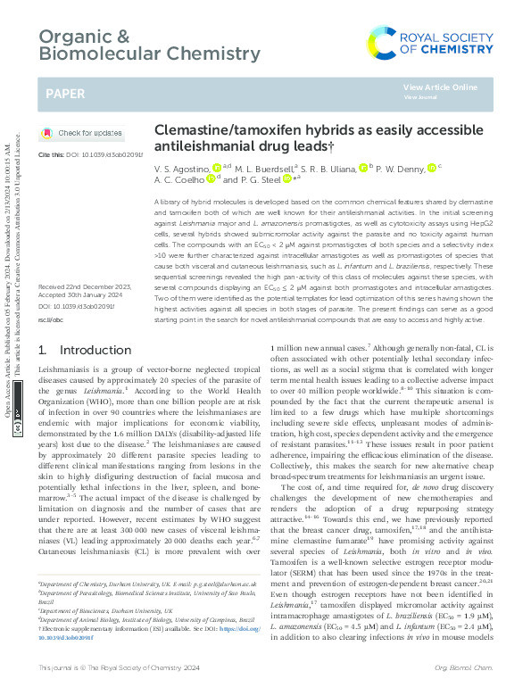 Clemastine/tamoxifen hybrids as easily accessible antileishmanial drug leads Thumbnail
