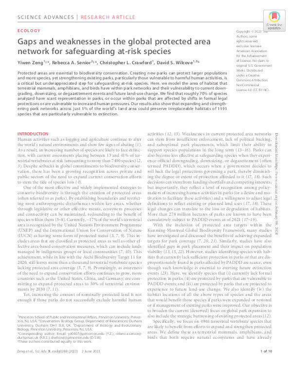 Gaps and weaknesses in the global protected area network for safeguarding at-risk species Thumbnail