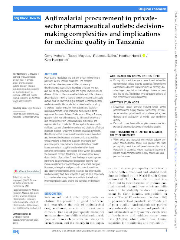 Antimalarial procurement in private-sector pharmaceutical outlets: decision-making complexities and implications for medicine quality in Tanzania Thumbnail