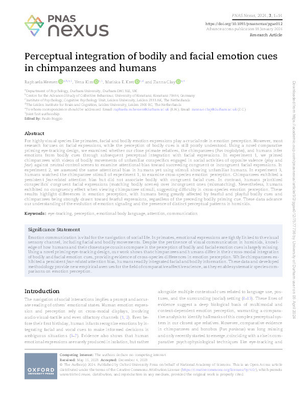 Perceptual integration of bodily and facial emotion cues in chimpanzees and humans Thumbnail