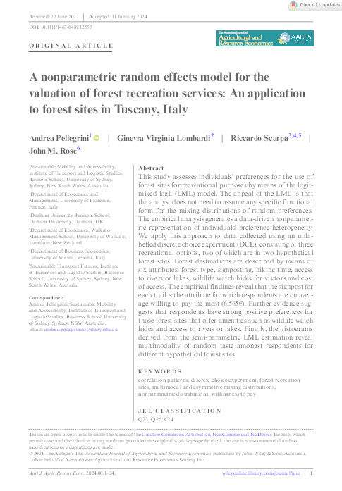 A nonparametric random effects model for the valuation of forest recreation services: An application to forest sites in Tuscany, Italy Thumbnail