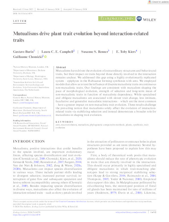 Mutualisms drive plant trait evolution beyond interaction‐related traits Thumbnail