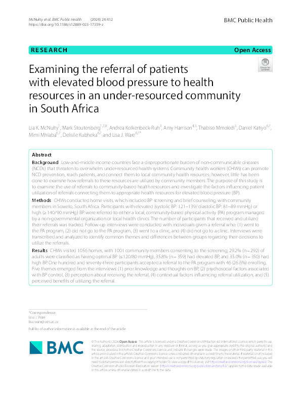 Examining the referral of patients with elevated blood pressure to health resources in an under-resourced community in South Africa Thumbnail