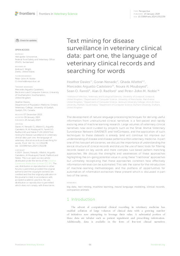 Text mining for disease surveillance in veterinary clinical data: part one, the language of veterinary clinical records and searching for words Thumbnail
