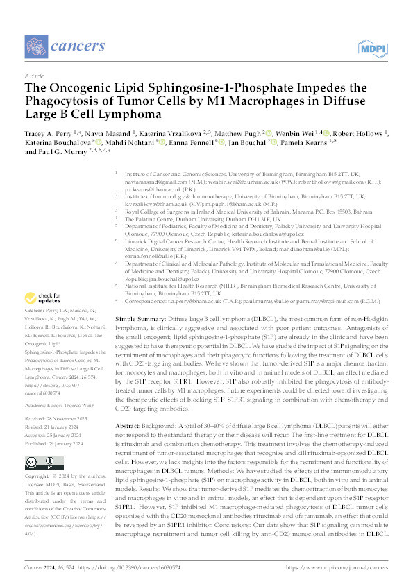 The Oncogenic Lipid Sphingosine-1-Phosphate Impedes the Phagocytosis of Tumor Cells by M1 Macrophages in Diffuse Large B Cell Lymphoma Thumbnail