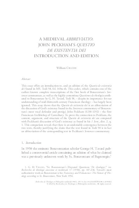  A medieval "abbreviatio": John Peckham's "Questio de existentia dei": Introduction and edition. Thumbnail