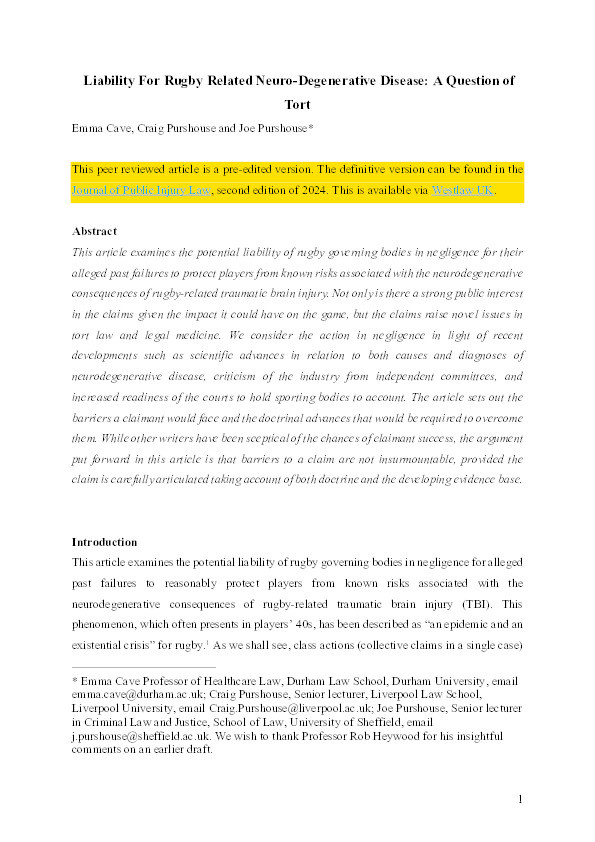 Liability For Rugby Related Neuro-Degenerative Disease: A Question of Tort Thumbnail