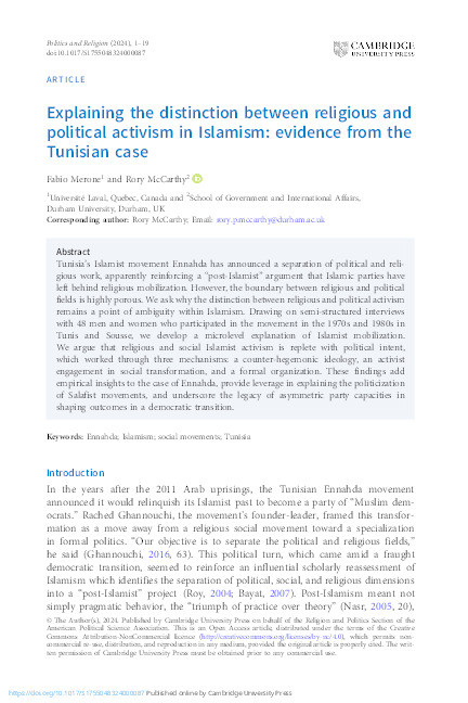 Explaining the Distinction Between Religious and Political Activism in Islamism: Evidence from the Tunisian Case Thumbnail