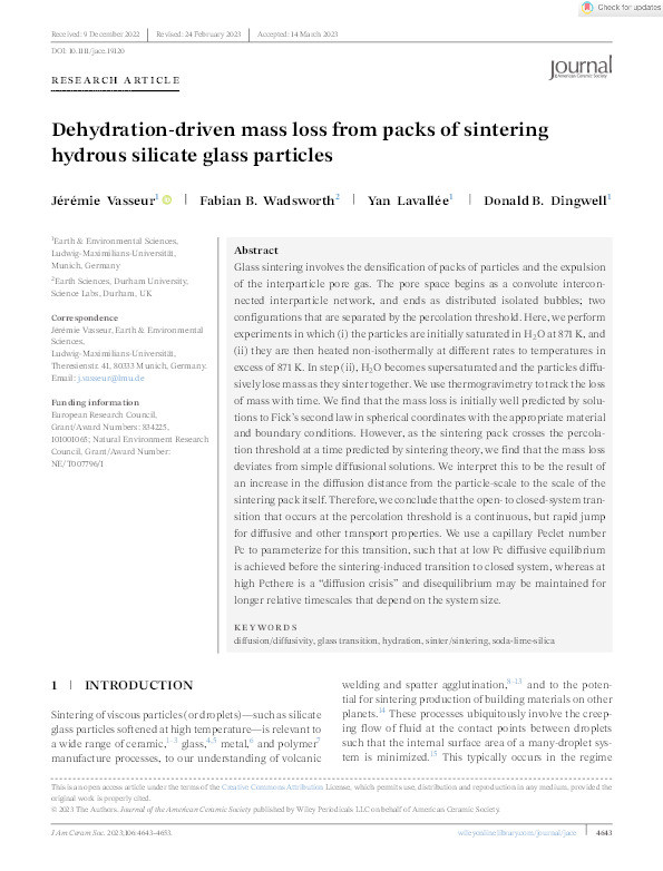 Dehydration‐driven mass loss from packs of sintering hydrous silicate glass particles Thumbnail