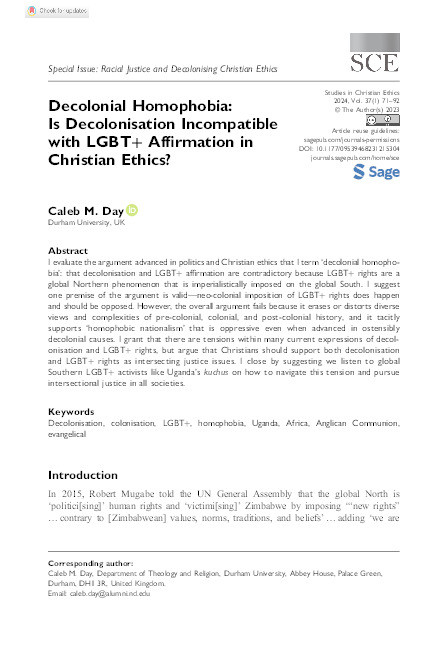 Decolonial Homophobia: Is Decolonisation Incompatible with LGBT+ Affirmation in Christian Ethics? Thumbnail