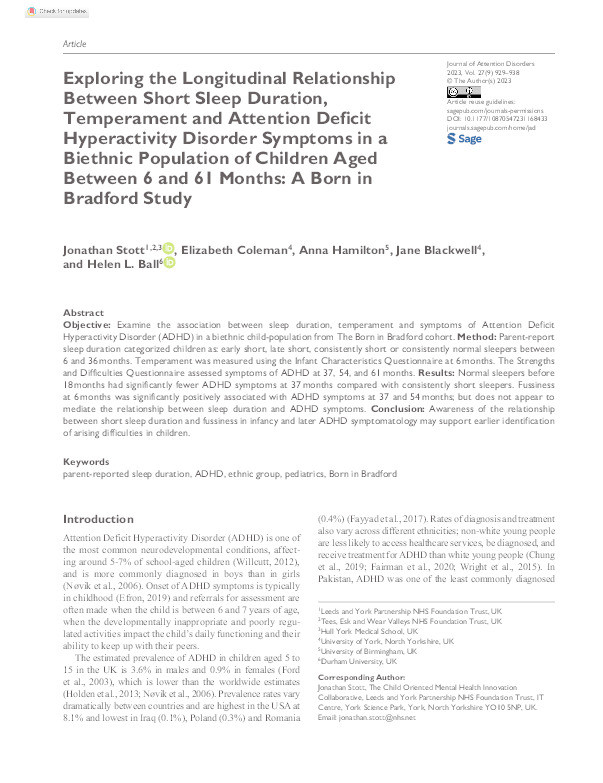 Exploring the Longitudinal Relationship Between Short Sleep Duration, Temperament and Attention Deficit Hyperactivity Disorder Symptoms in a Biethnic Population of Children Aged Between 6 and 61 Months: A Born in Bradford Study Thumbnail