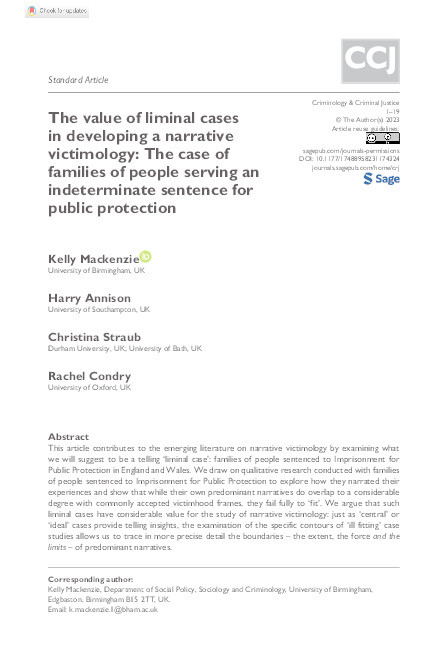 The value of liminal cases in developing a narrative victimology: The case of families of people serving an indeterminate sentence for public protection Thumbnail