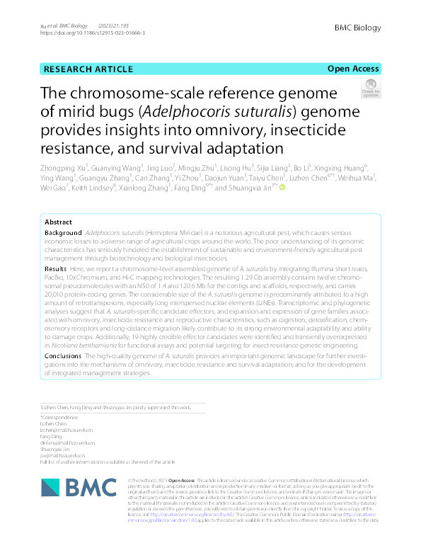 The chromosome-scale reference genome of mirid bugs (Adelphocoris suturalis) genome provides insights into omnivory, insecticide resistance, and survival adaptation Thumbnail