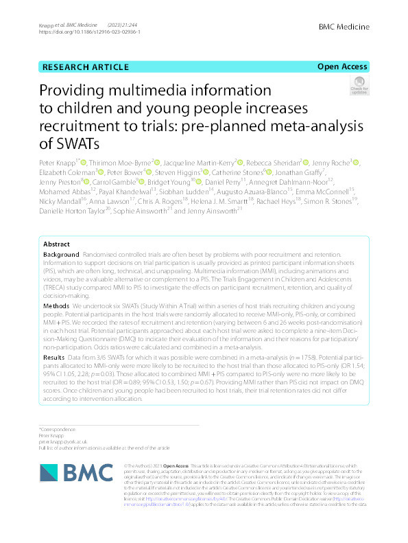 Providing multimedia information to children and young people increases recruitment to trials: pre-planned meta-analysis of SWATs Thumbnail