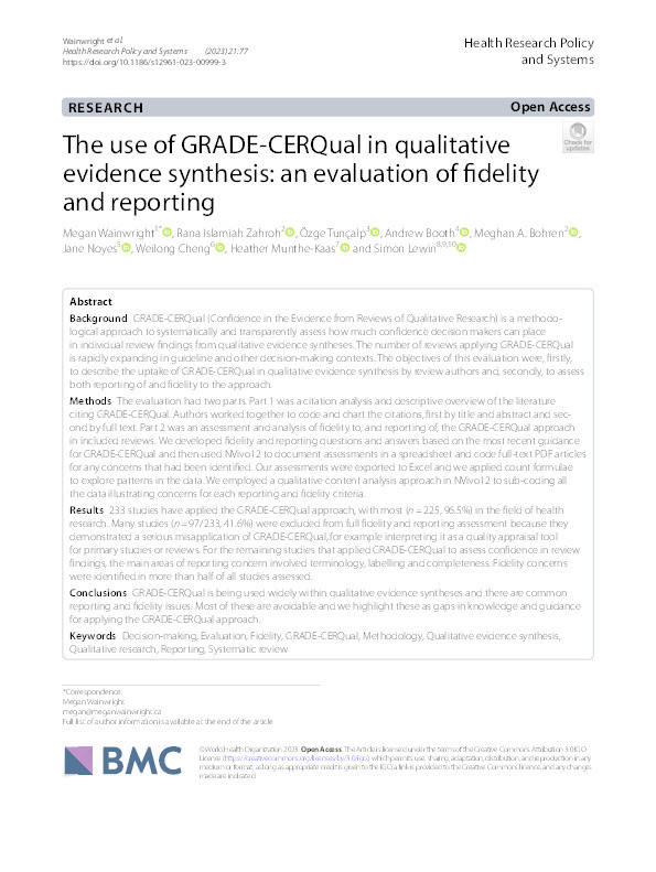 The use of GRADE-CERQual in qualitative evidence synthesis: an evaluation of fidelity and reporting Thumbnail