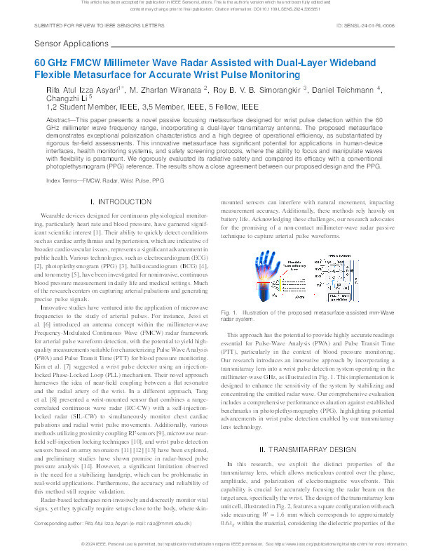 60 GHz FMCW Millimeter Wave Radar Assisted With Dual-Layer Wideband Flexible Metasurface for Accurate Wrist Pulse Monitoring Thumbnail