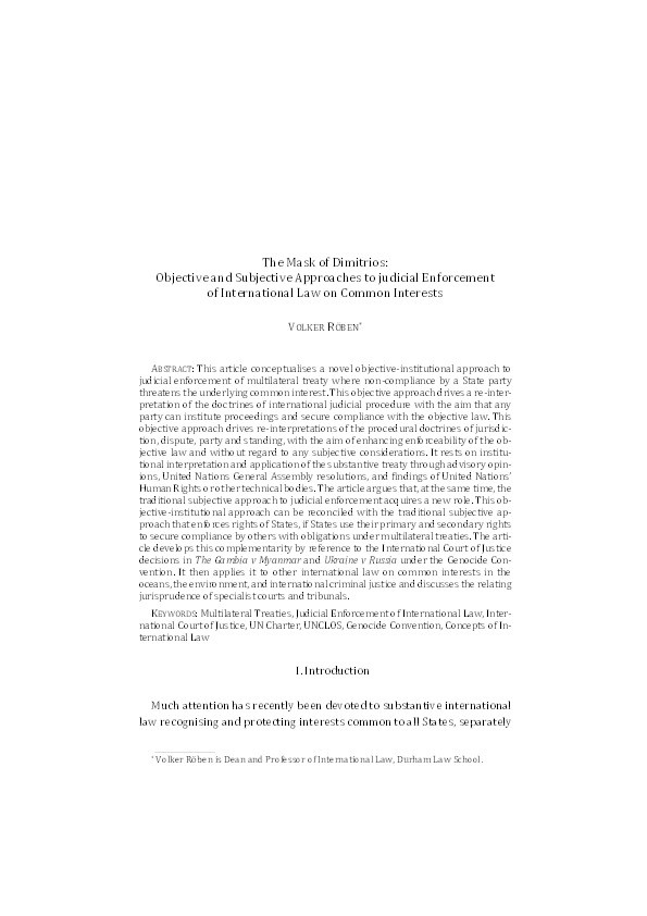 The Mask of Dimitrios. Objective and subjective approaches to the judicial enforcement of international law on common interests Thumbnail
