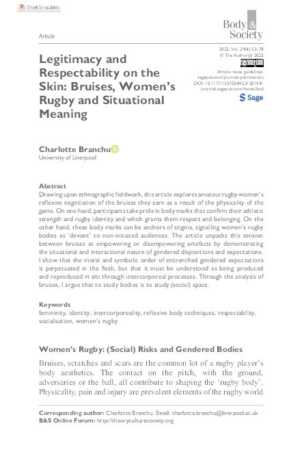 Legitimacy and Respectability on the Skin: Bruises, Women’s Rugby and Situational Meaning Thumbnail