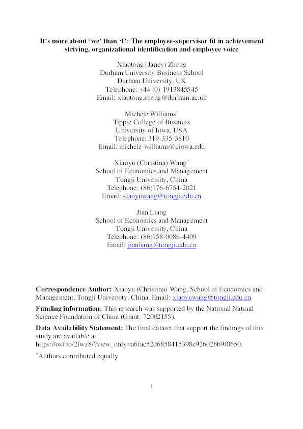 It’s more about ‘we’ than ‘I’: The employee-supervisor fit in achievement striving, organizational identification and employee voice Thumbnail