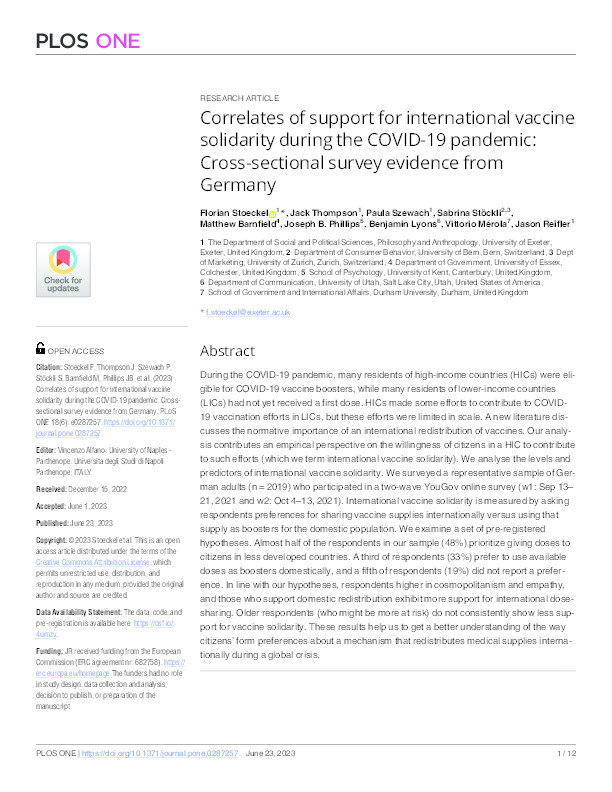 Correlates of support for international vaccine solidarity during the COVID-19 pandemic: Cross-sectional survey evidence from Germany Thumbnail