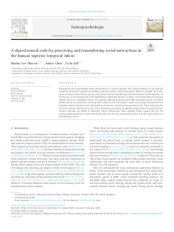 A shared neural code for perceiving and remembering social interactions in the human superior temporal sulcus Thumbnail