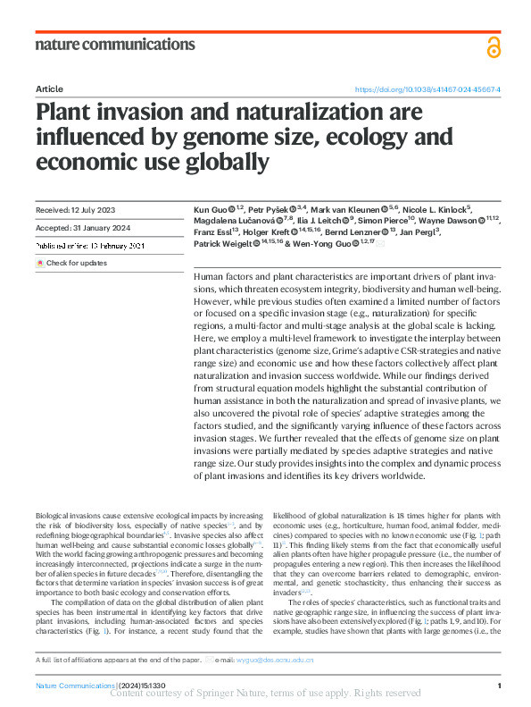 Plant invasion and naturalization are influenced by genome size, ecology and economic use globally Thumbnail