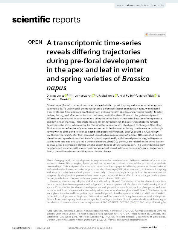A transcriptomic time-series reveals differing trajectories during pre-floral development in the apex and leaf in winter and spring varieties of Brassica napus Thumbnail