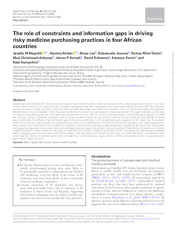 The role of constraints and information gaps in driving risky medicine purchasing practices in four African countries. Thumbnail